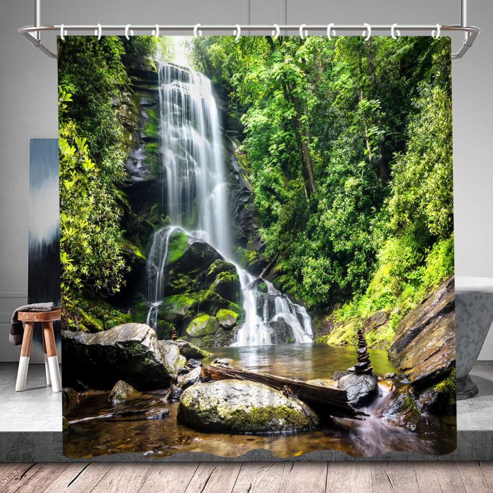 QWRSMYX Forest Waterfall Scenic Shower Curtain Spring Green Landscape Rainforest Tropical Jungle Summer Nature Theme Polyester Fabric Bathroom Decor