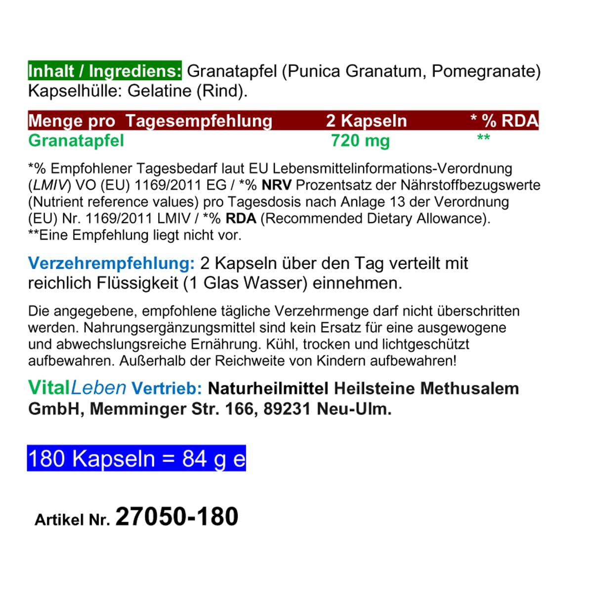GRANATAPFEL Antioxidans + Ellagsäuren + MultiVitamin + MultiMineral für Durchblutung + Wechseljahre + Hitzewallungen - 540 (3x180) Pulver Kapseln - Natur pur - OHNE ZUSATZSTOFFE. 27050-5