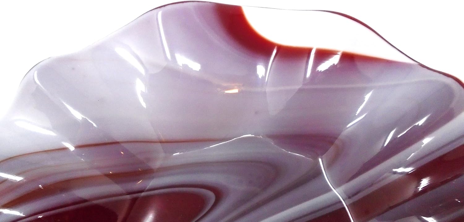 Red and White Organic Ruffled Bowl 11.2 inch Handcrafted Fused Glass
