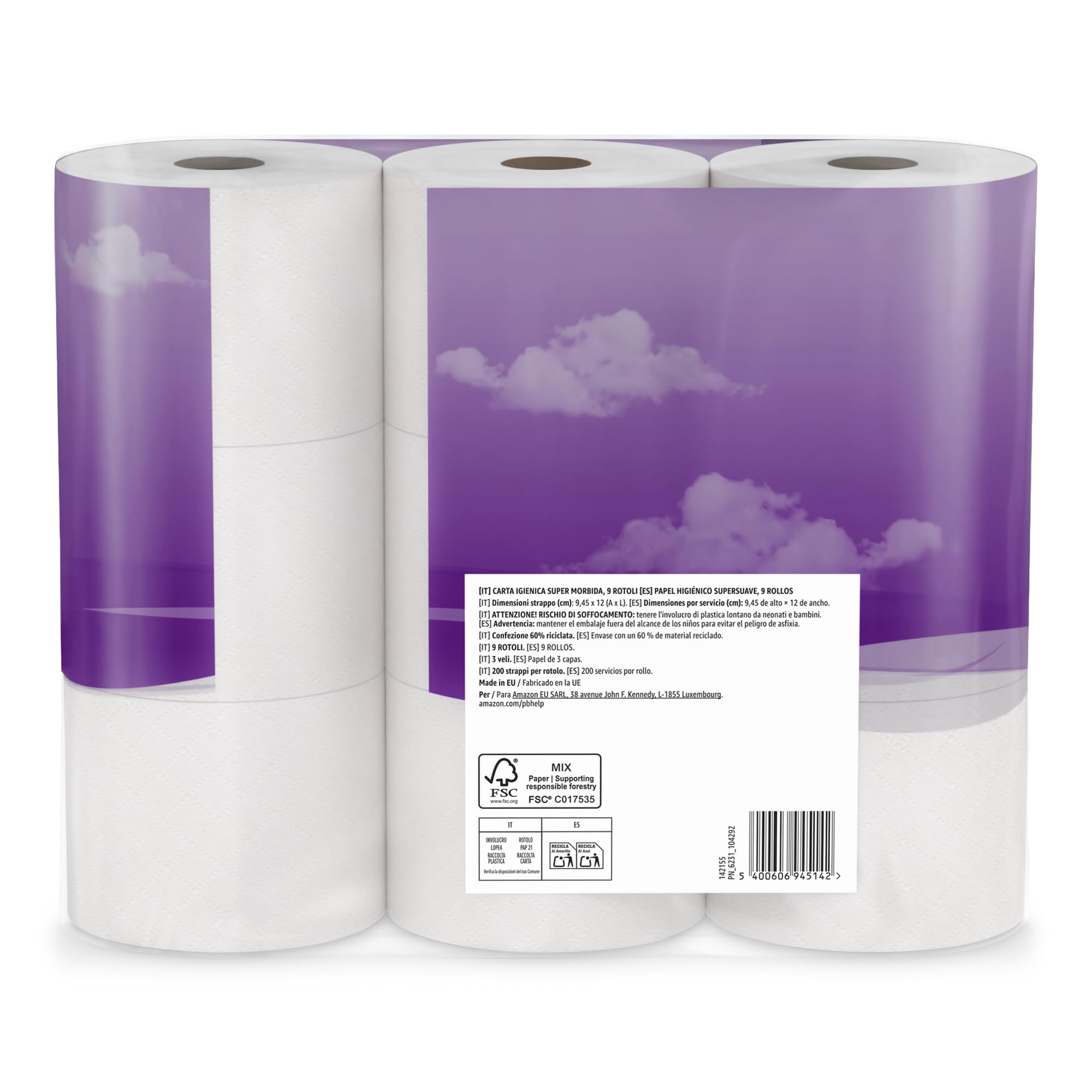 by Amazon Papel Higiénico Supersuave de 3 Capas, 36 Rollos (4 Paquetes de 9), 200 Hojas por Rollo, Con Certificación FSC