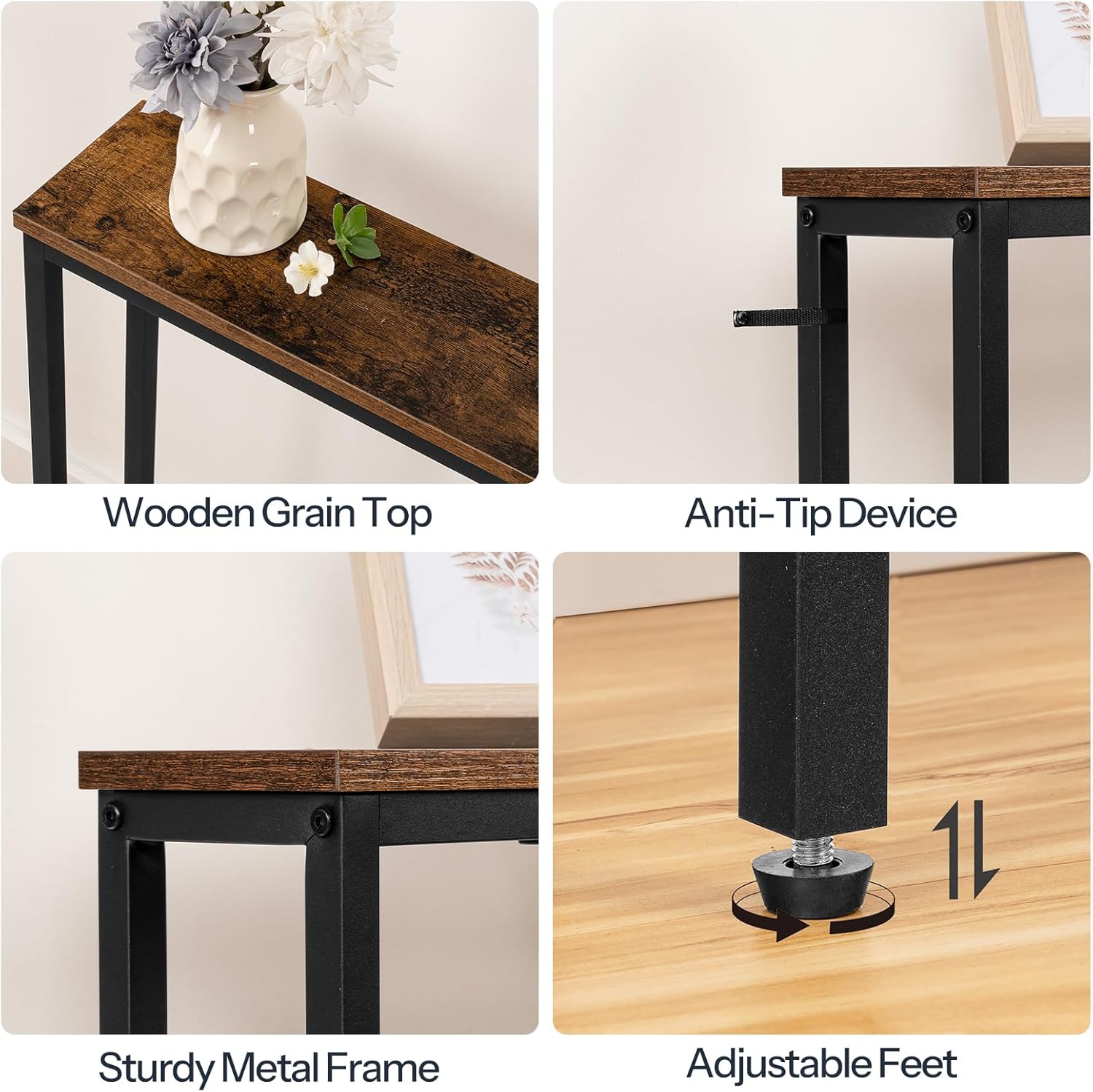 Diagram showing individual components of the console table: wooden grain top, anti-tip device, sturdy metal frame, and adjustable feet.