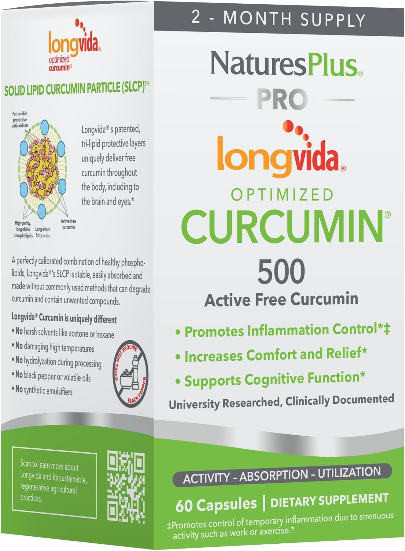 PRO Longvida Curcumin 500 mg - 60 Capsules - Promotes Healthy Free Radical Protection - Non-GMO, Vegan & Gluten Free - 60 Servings