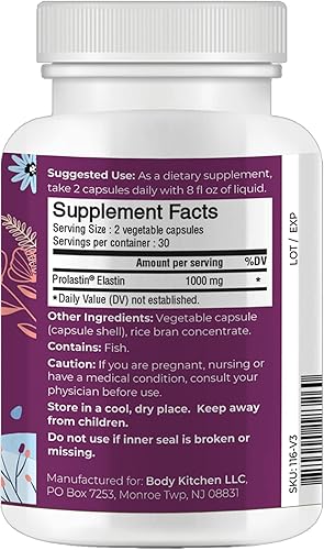 Miniatura 2 de Body Kitchen Pro-Elastina, suplemento de elastina de 1000 mg, ayuda a reducir los signos de envejecimiento, mejora la salud de la piel, firmeza y