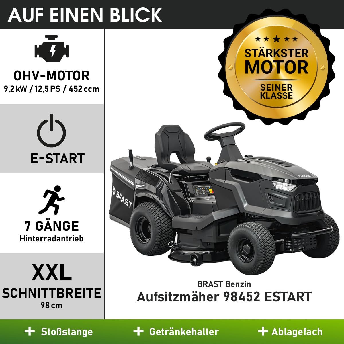 BRAST Benzin Rasentraktor Aufsitzmäher | 9,2 kW (12,5 PS) | Elektrostart | XXL Schnittbreite 98cm | 2in1-Funktion | 7-Gang-Getriebe | 245L Fangkorb | für große Rasenflächen 1.000-5.000 m²