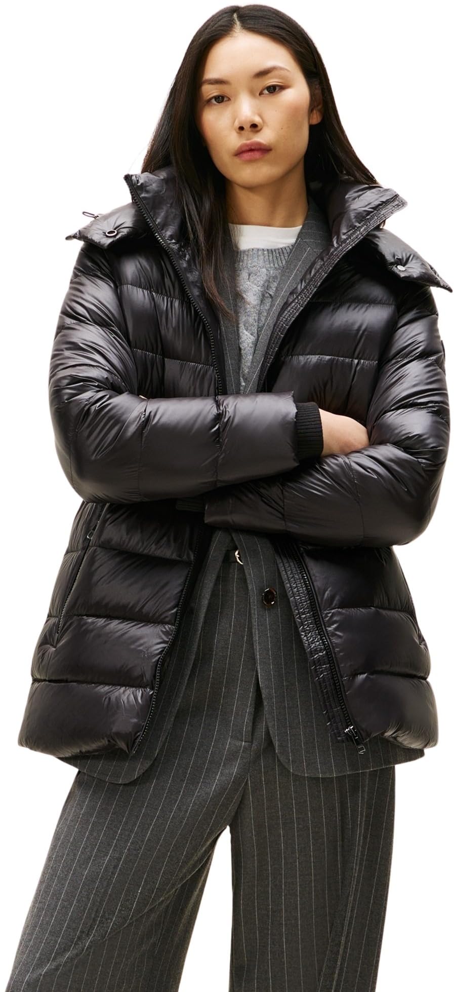 Tommy Hilfiger Women's Gloss Down Waist Puffer Jacket with Stand Collar, Black (Black), XXXL