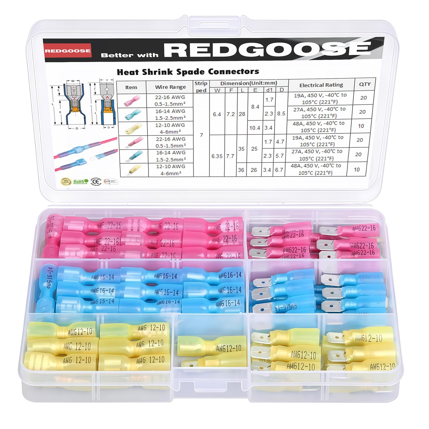 100 connettori a forcella termorestringenti da 1/4" calibro 22-10 femmina e maschio isolati impermeabili a sgancio rapido terminali a crimpare kit