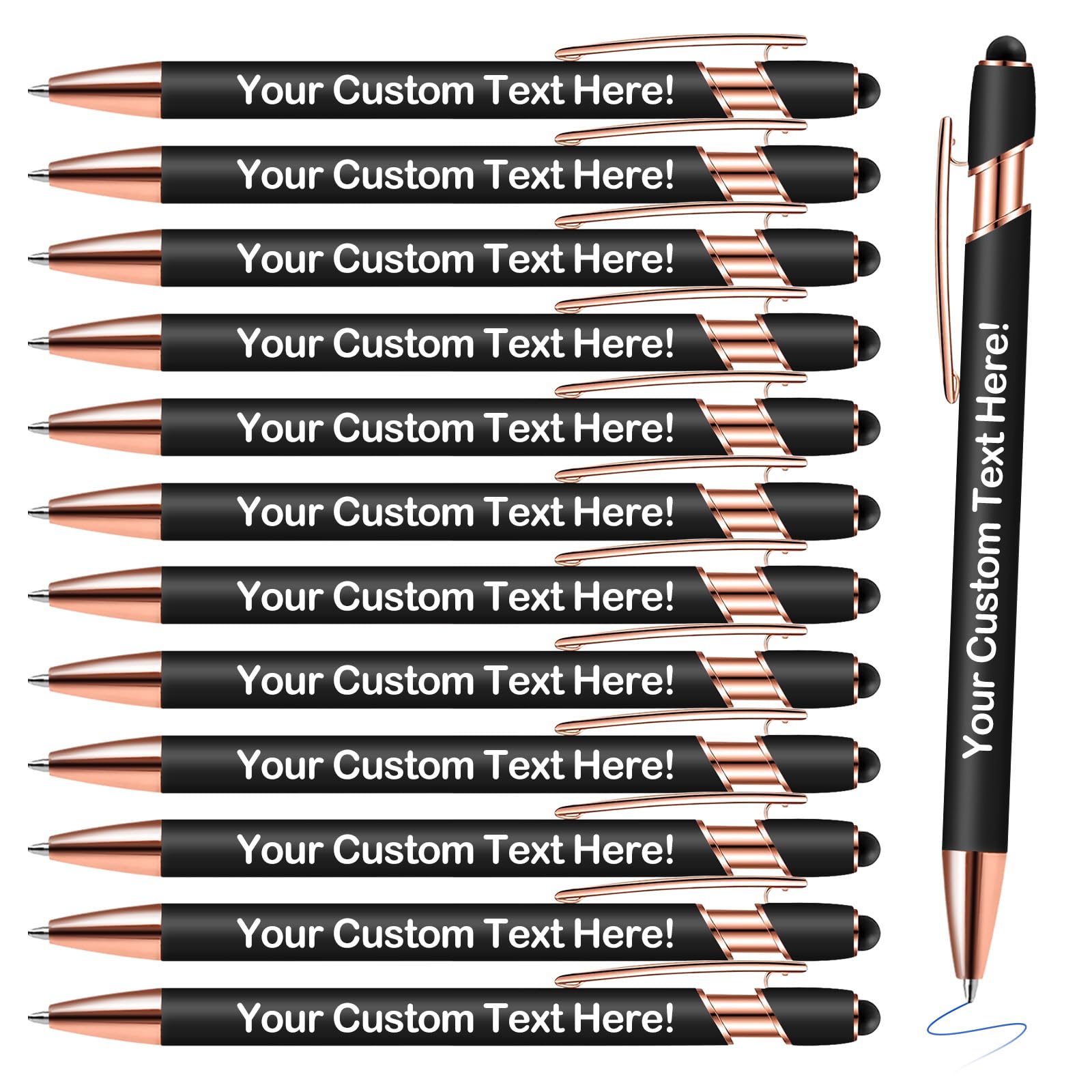 Vebermo Custom Blue Ink Pens with Stylus - Personalized Name and Logo Printing - Great Gift for Office, Teachers, and Students, Black, 12 Pcs/Pack