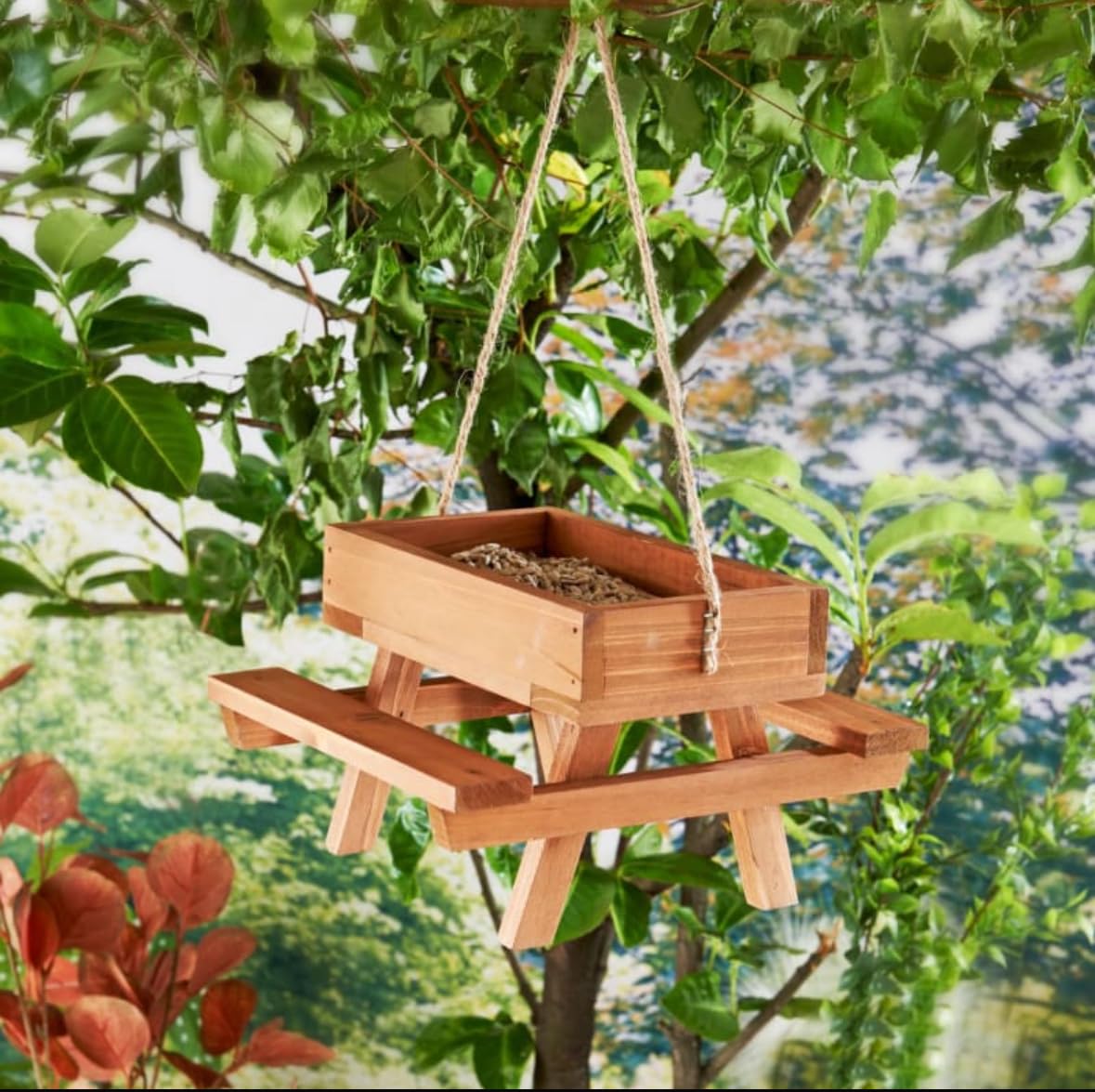 Wooden Picnic Table Bird Feeder, Hanging Garden Wildlife Feeder