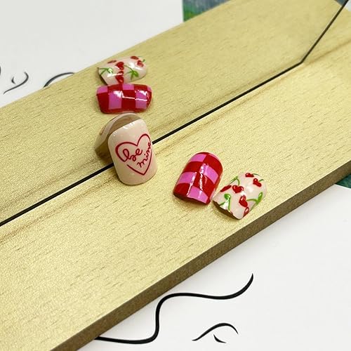 Miniatura 3 de Uñas postizas cortas a presión para el día de San Valentín, uñas postizas cuadradas con forma de corazón rojo y rosa, uñas acrílicas brillantes de