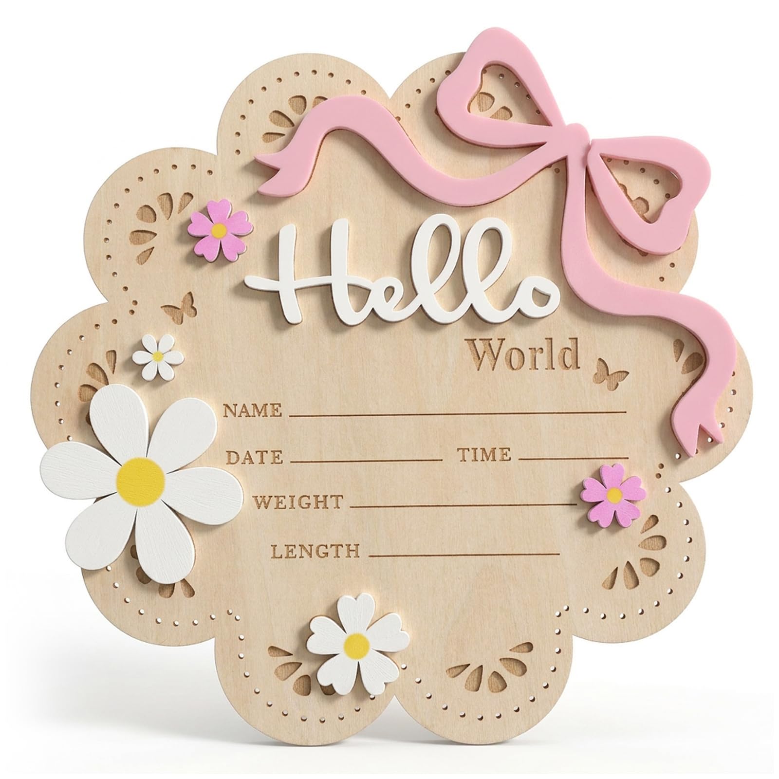 Nogeqi Pink Bow Baby Announcement Sign, Hello World Newborn Sign, Welcome Baby Name Plaque, Wooden Newborn Name Date Time Weight Length Board for Hospital Nursery Photo Prop