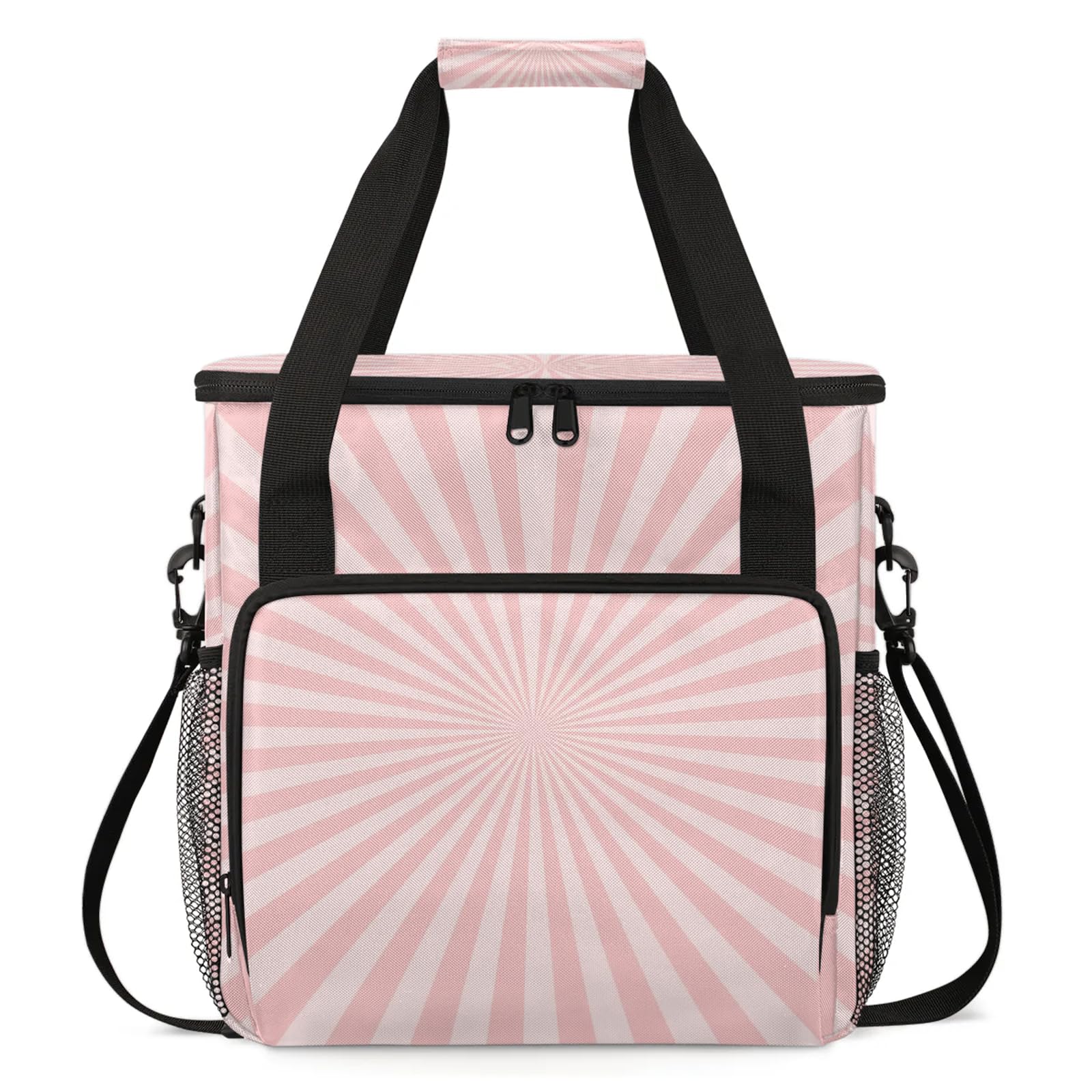 Adornori Pink Striped Travel Coffee Maker Carrying Bag, Large Organizer Storage Tote Bag Insulated Reusable Cooler Grocery Bags