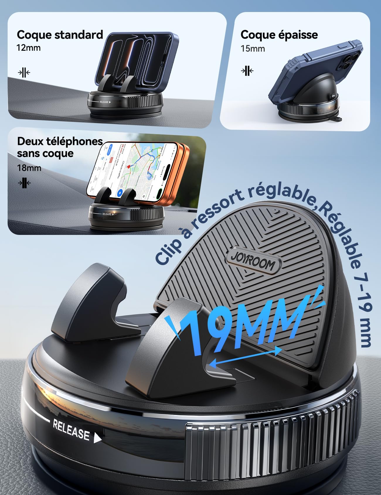 JOYROOM Support Téléphone Voiture Tableau de Bord [Gel & Ventouse] Porte Telephone Voiture Compatible avec Coques jusqu'à 19 mm, Car Phone Holder pour iPhone/Samsung/Google/Android Smartphones
