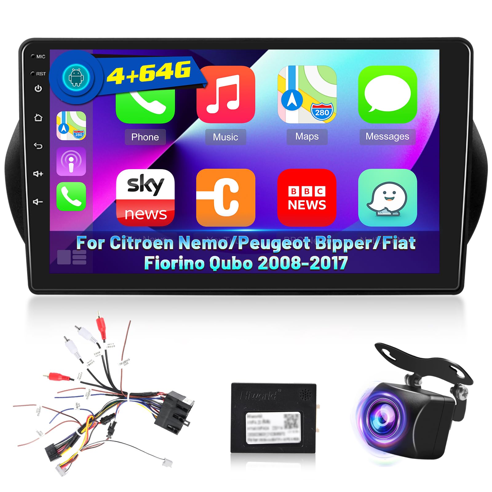 [4+64G] Radio de Coche Android para Citroen Nemo/Peugeot Bipper/Fiat Fiorino Qubo 2008-2017 con Carplay y Android Auto: Radio con Pantalla Táctil de 10.1" IPS con DSP/EQ, 5G/WiFi + Cámara de Seguridad