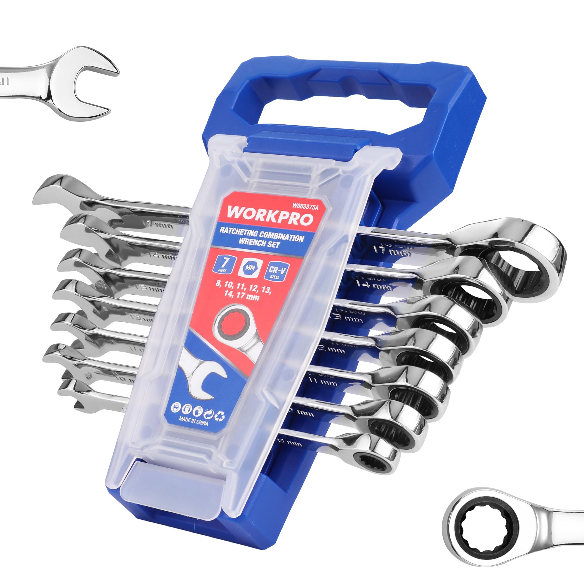 WORKPRO Ratcheting Wrench Set, Metric, 7-piece Ratcheting Combination Wrench Set, 8mm, 10mm, 11mm, 12mm, 13mm, 14mm, 17mm, 12-Point, CR-V Steel, with Organizer Rack Metric 7-piece