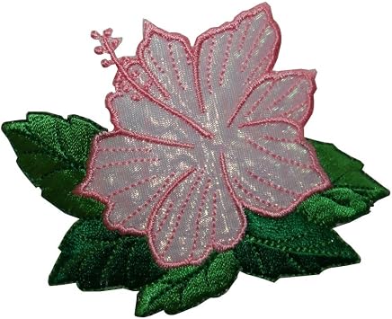 ID 6337 Shiny Pink Hibiscus Patch Tropical Flower Embroidered Iron On Applique