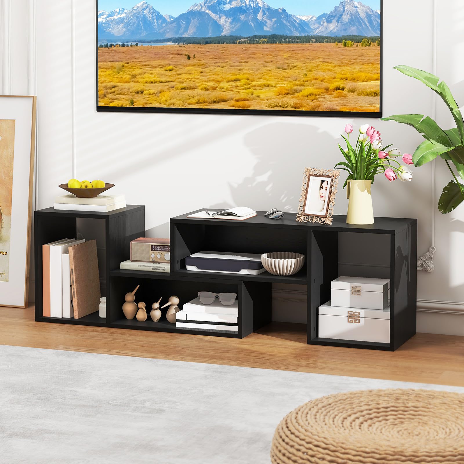 GYMAX Mobile TV Console da 32-60 Pollici Convertibile, 135 x 30 x 40 cm, Estensione e Rotazione Libera, Mobile Multimediale Porta TV, Cubi Aperti, Carico 50 kg, Soggiorno, Camera da Letto (Nero)