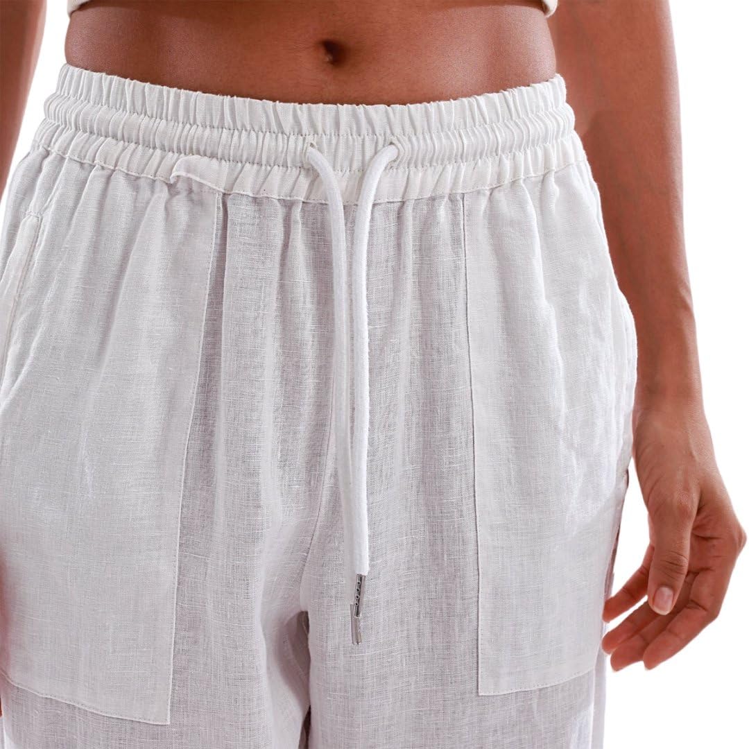 Amazhiyu Pantaloni da donna in 100% lino, gamba larga, elastici, con spacco laterale e tasche