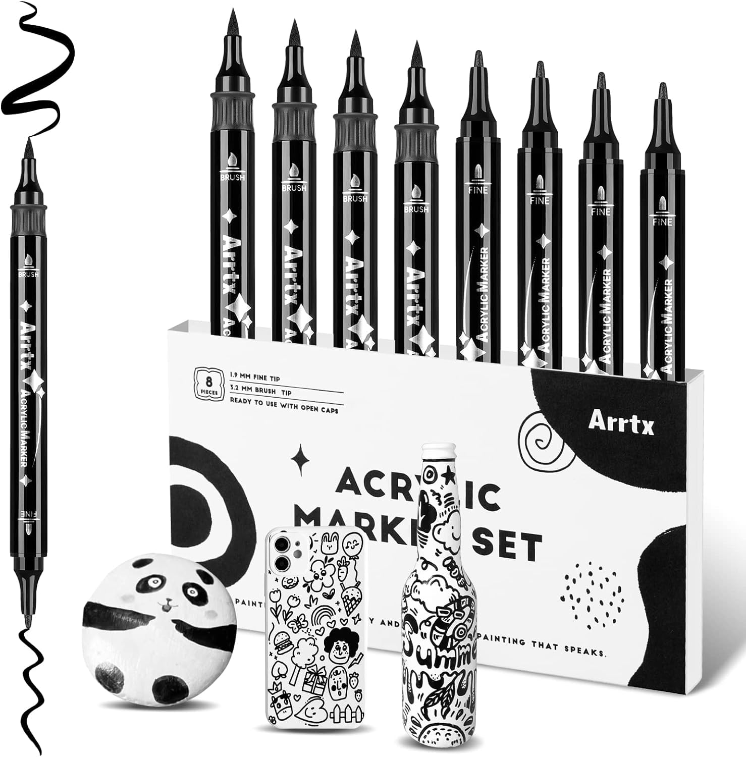 Arrtx Set of 8 Black Acrylic Markers Dual Tip (Brush and Fine Tip), Acrylic Markers Acrylic Paint Accessories for Painting, Wood, Graffiti, Canvas, Easter Eggs