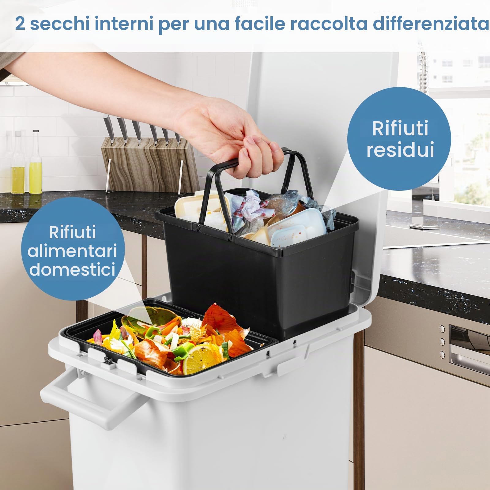 RELAX4LIFE Pattumiera con Raccolta Differenziata 32L, 3 Scomparti Interni, Cassetto e Apertura a Pedale, Maniglia, Gancio, Ideale per Uso Interno ed Esterno (BIANCO)