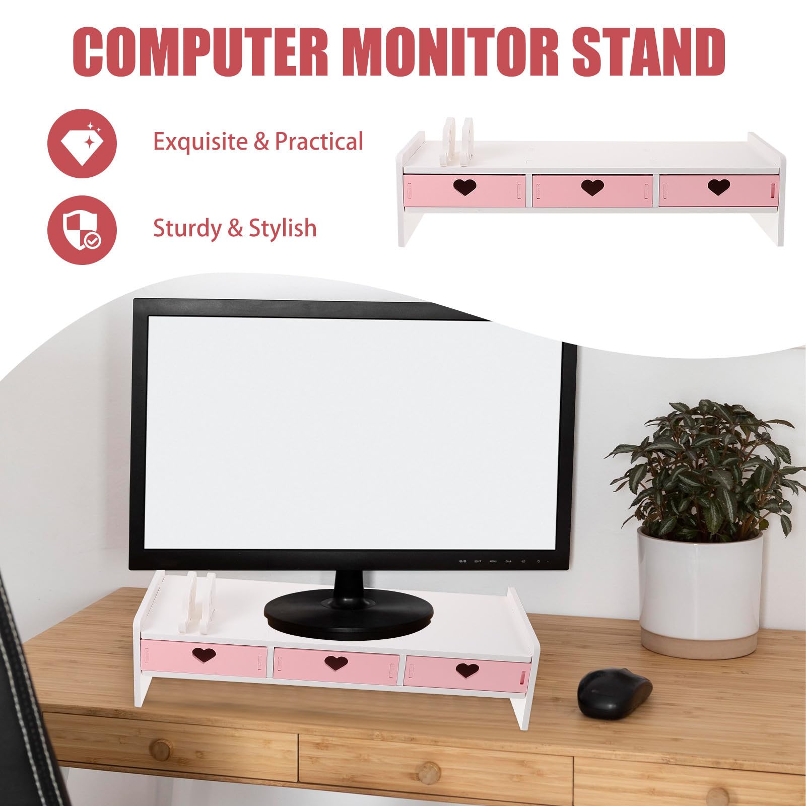 Supporto Design per Scrivania Monitor Forte Rosa e PVC da capacità di Carico Fresco per Organizzare Migliorare Comfort Desktop in Ufficio