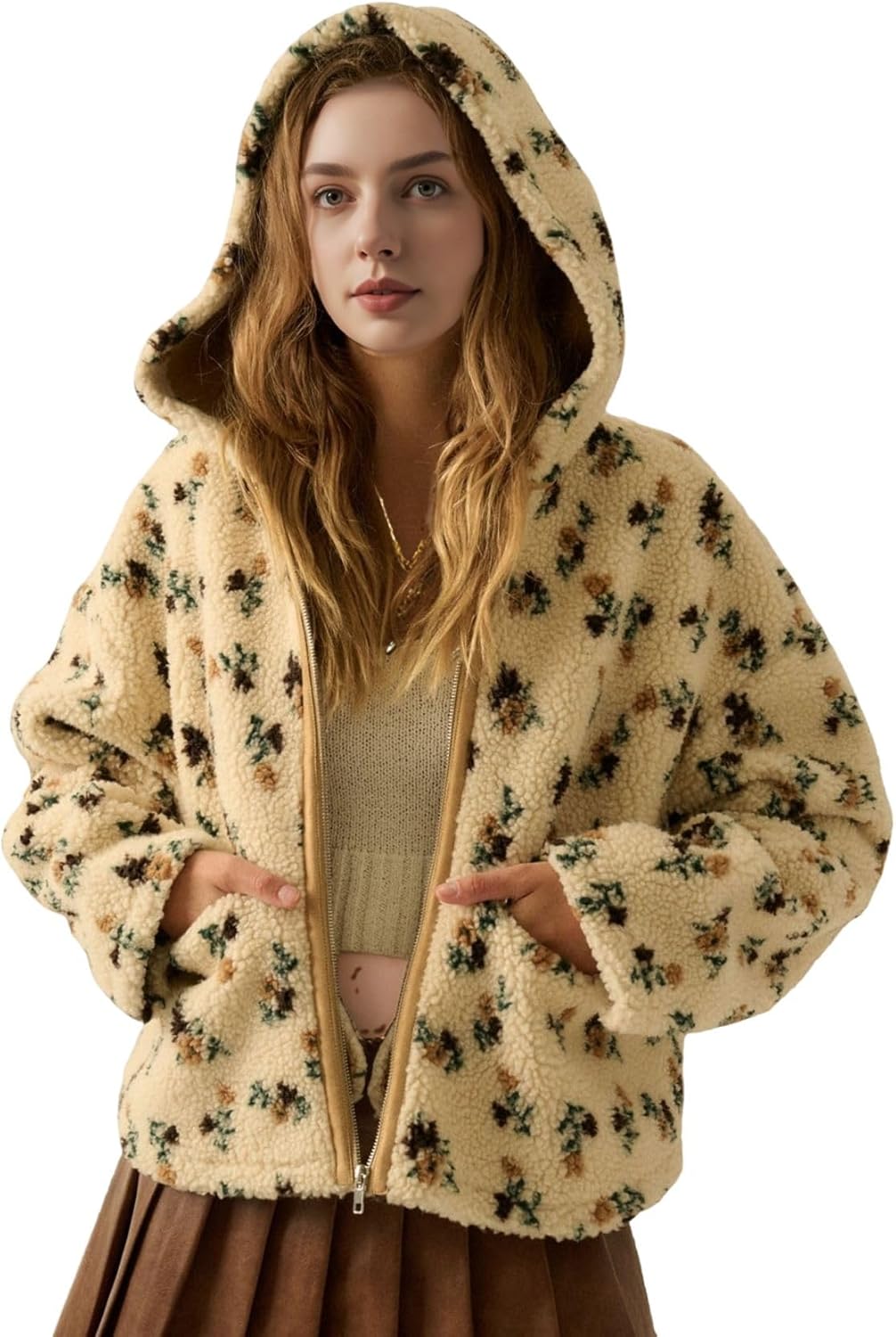 Joiemont Womens Floral Sherpa Fleece Hooded Zip Up Jacket Teddy Fluffy Fleece Jacket Hoodie