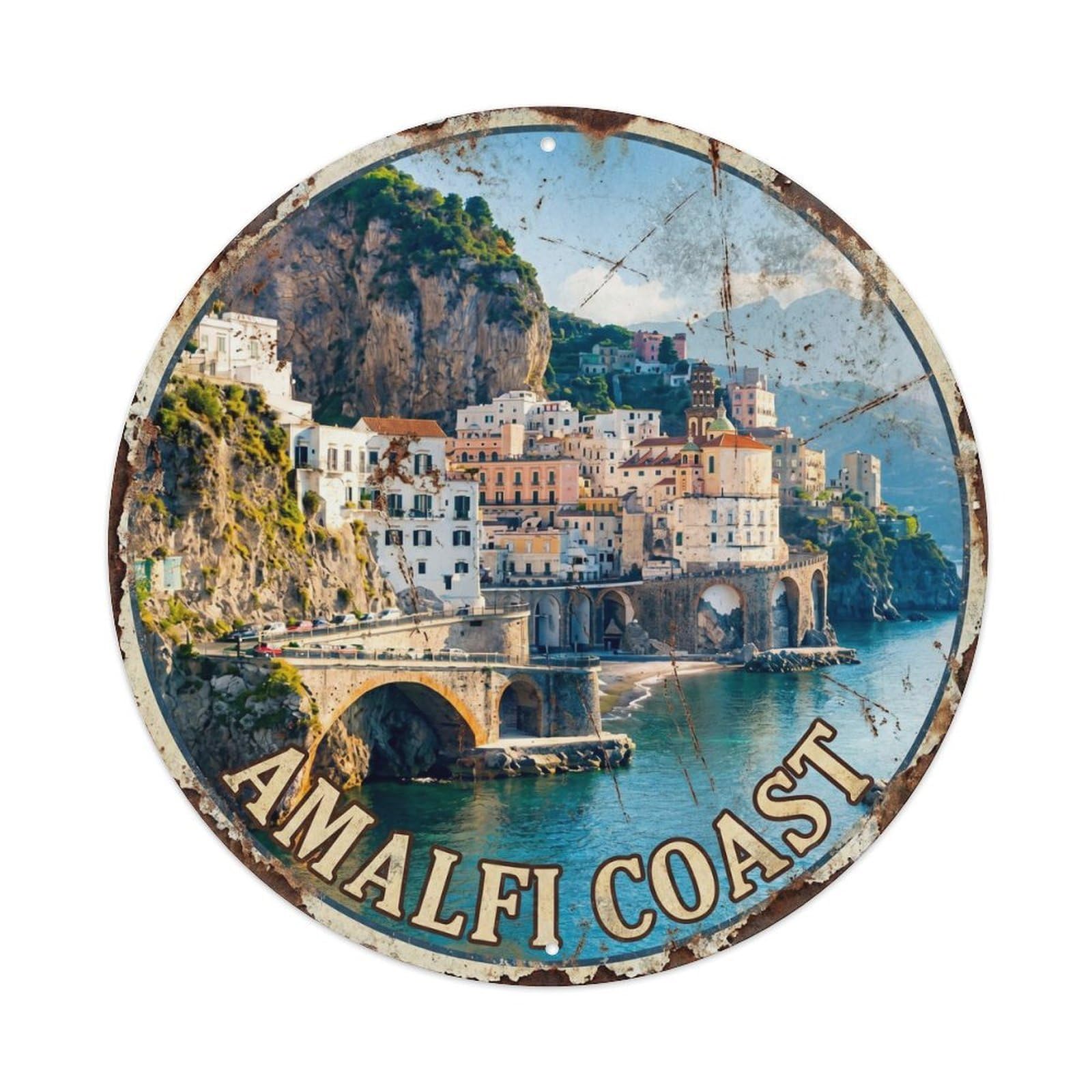 Vintage Travel Italy Cliff Diving Ocean Metal Tin Sign Plaque Wall Decor for Cafe, Club, Garden Round Metal Poster 8x8Inch