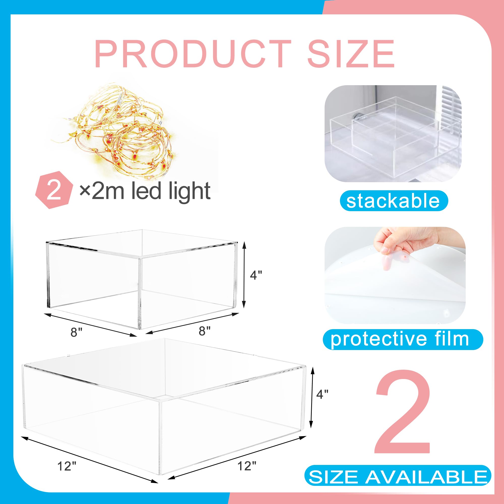 HeiMma 2 Set Clear Acrylic Cake Stands for Dessert Table 12â€? and 8â€? Fillable Cake Box Risers Food Display Riser for Buffet Table, Square Cake Stand for Wedding Birthday Party, Hollow Bottoms