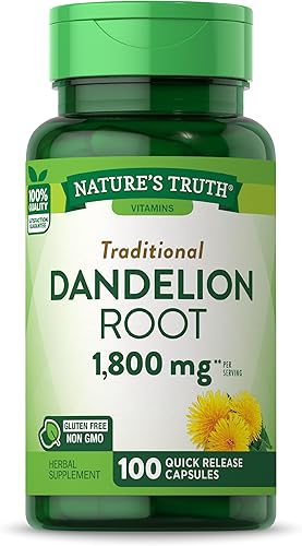 Nature's Truth Raíz de diente de león 1800 mg 100 cápsulas Extracto sin OMG y sin gluten