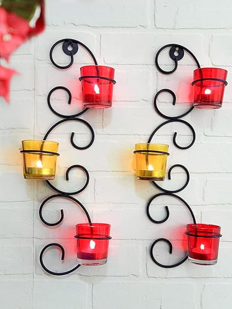 TIED RIBBONS Set of 2 Wall Hanging Tealight Candle Holder Metal Wall Sconce with Glass Cups - Christmas Decorations Items for Home - Christmas Decor - Christmas Gifts