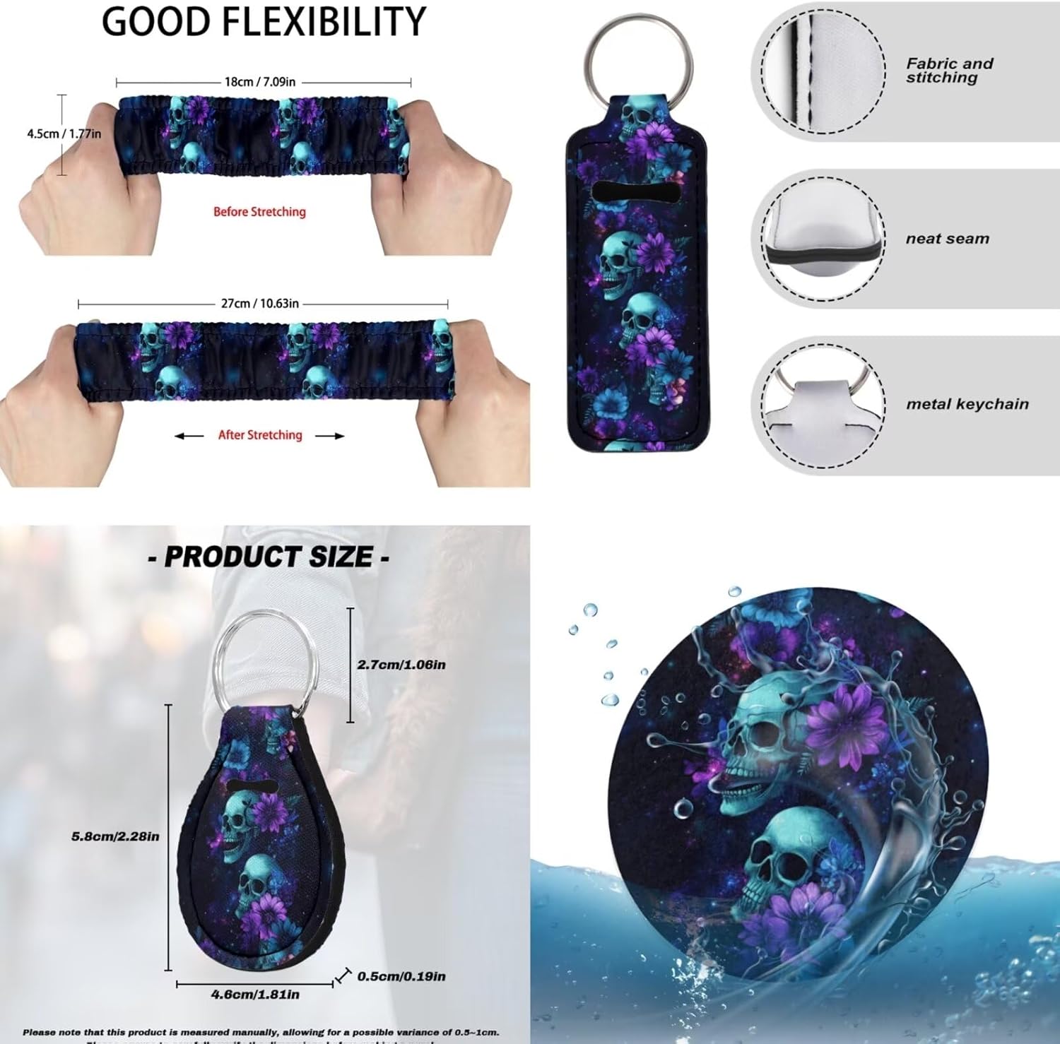 Skull Floral Printed Auto Seat Protector with Stretchable Armrest Pad Cover Waterproof Lipstick Holder Keychain Car Coaster Non Slip Car Seat Cover Full Set Auto Accessories Set, 15 Pack