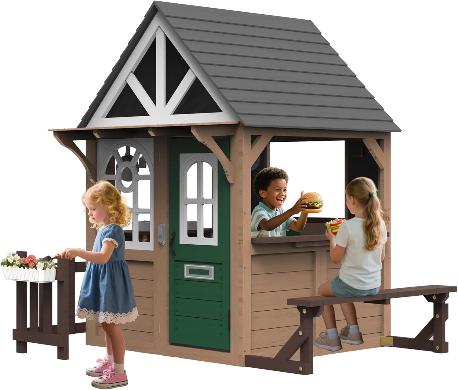 Seizeen Outdoor Play House for Kids, Fir Wooden Kids Playhouse Outdoor Indoor Cottage Toddler Playhouse with Kitchen, Dutch Door, Bench, Flowerpot Holders, Working Doorbell, Pet Hole, Clock