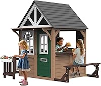 Seizeen Fir Wood Kids Outdoor Playhouse with Kitchen, Working Doorbell, Chalkboards & Bench - Indoor/Outdoor Toddler Cottage