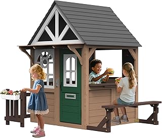Seizeen Outdoor Play House for Kids, Fir Wooden Kids Playhouse Outdoor Indoor Cottage Toddler Playhouse with Kitchen, Dutch Door, Bench, Flowerpot Holders, Working Doorbell, Pet Hole, Clock