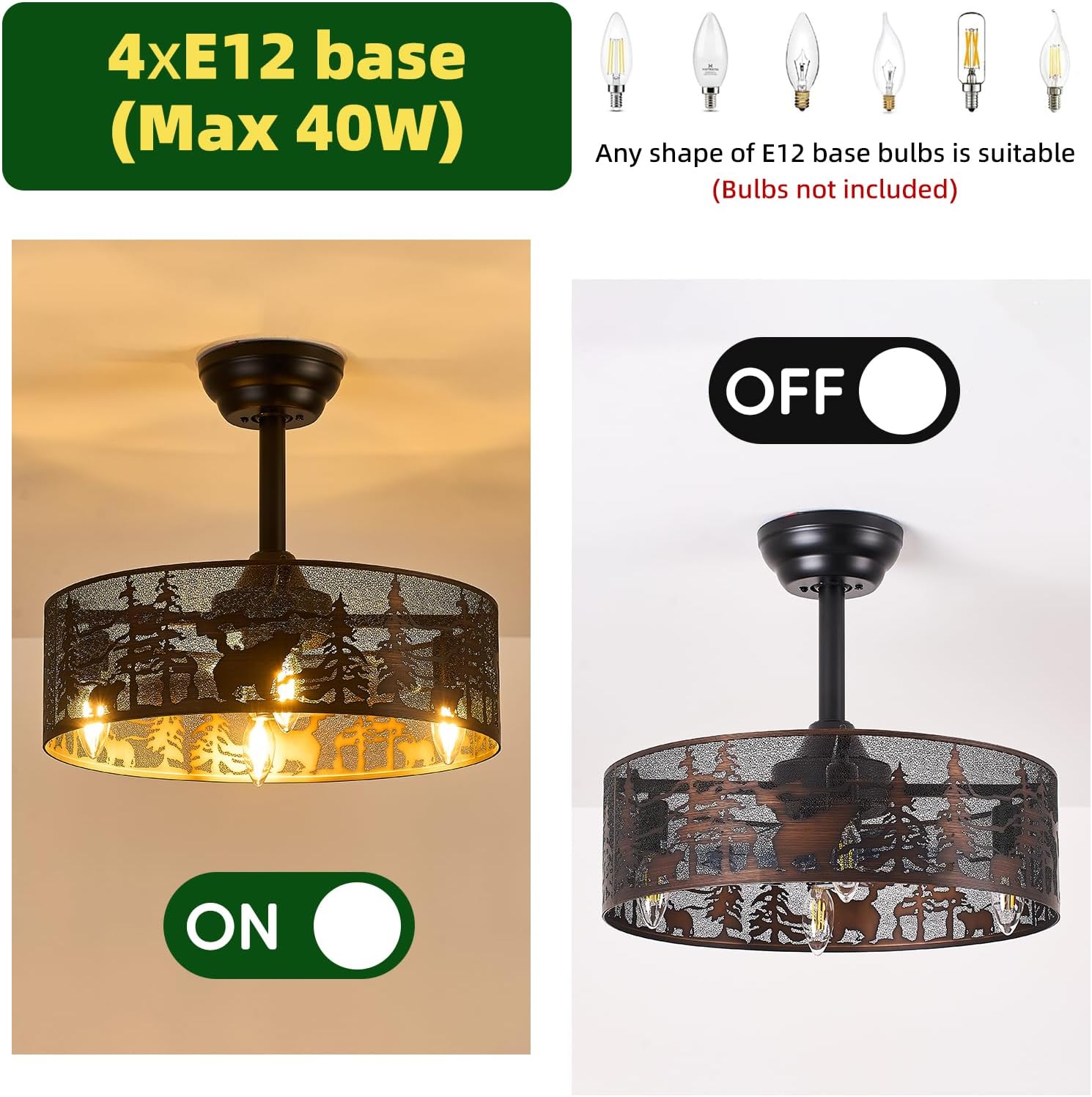 Farmhouse Rustic Ceiling Fan with Light, Black Caged Chandelier Ceiling Fan with Beer Design Vintage Enclosed Fandelier for Bedroom Living Room Kitchen