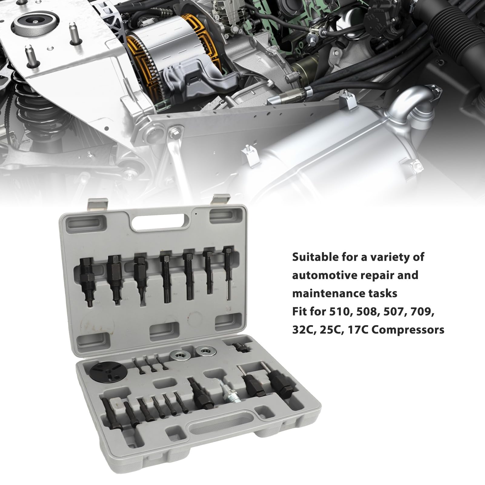 Attrezzo per rimozione frizione compressore AC, Attrezzo estrattore frizione AC, 24PCS Kit di strumenti estrattore installatore per rimozione frizione compressore