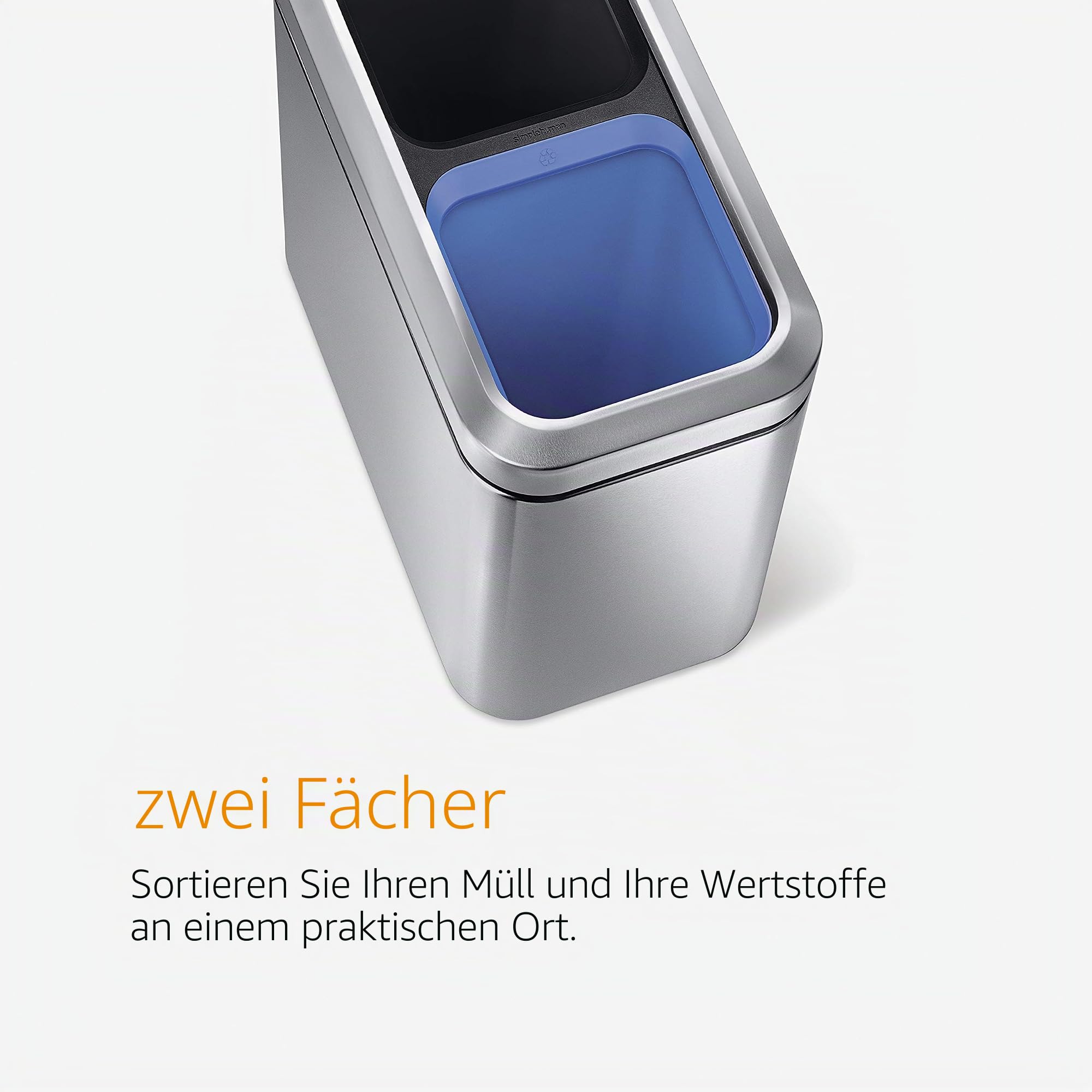 simplehuman CW1470 20 Liter, schmaler offener Recycler, Mülltrennsystem 2 Fach, Büro Mülleimer, Abfalleimer, Mülltrennung, Recycling, gebürsteter Stahl, 5 Jahre Garantie