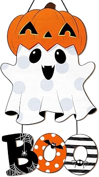 Halloween Ghost BOO Wood Door Hanging Sign Decorations, Cute Ghost Pumpkin Wooden Signs, Large Size Halloween Front Door Hanger Yard Wall Home Decor for Halloween Party Supplies