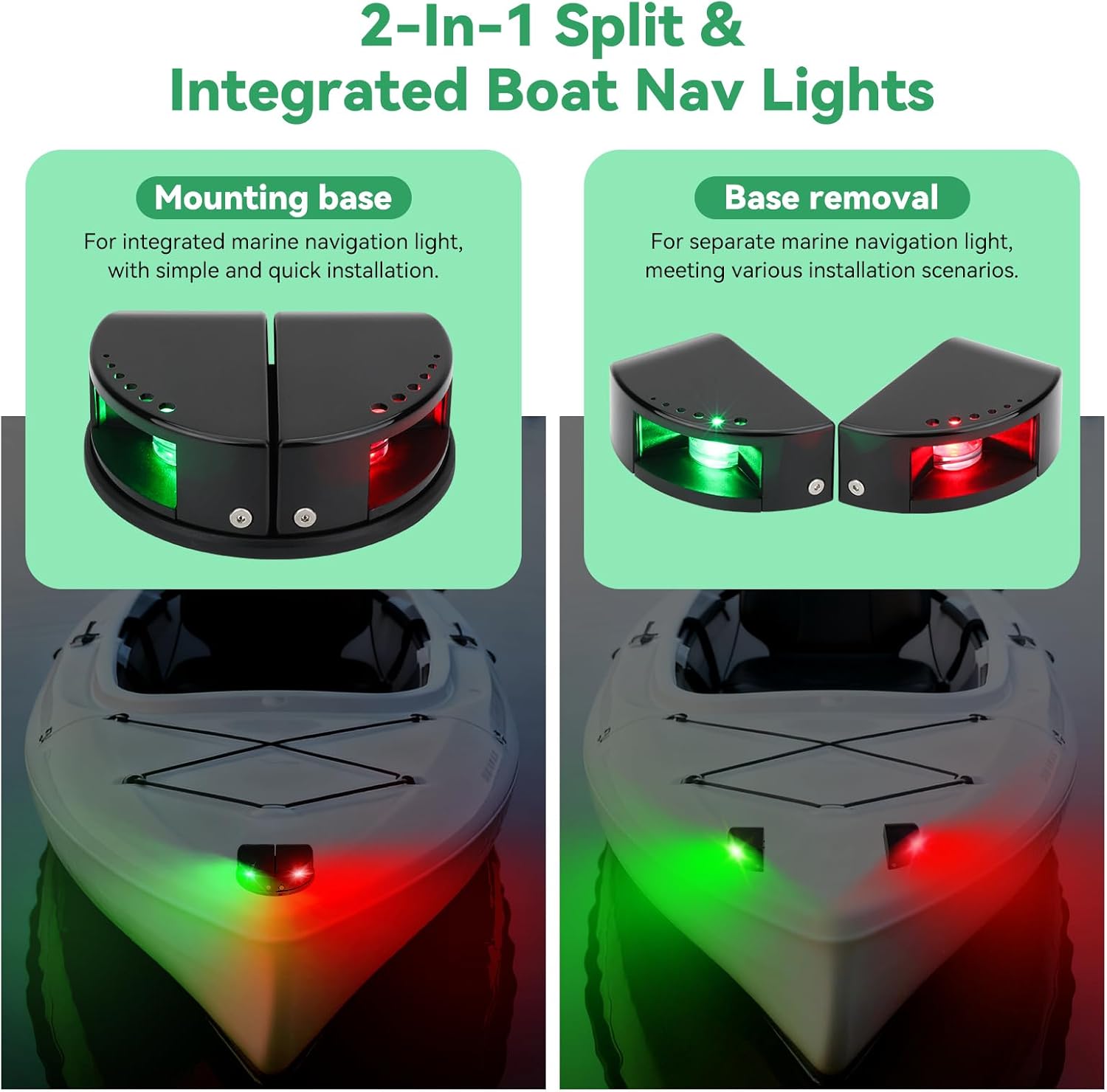 Boat Navigation Light LED,2-in-1 Split & Integrated 12V Marine Nav lights, IP67 Red & Green Night Fishing Deck Lights for Bow & Stern, Ideal for Pontoon, Fishing Boats, Yacht, Skiff