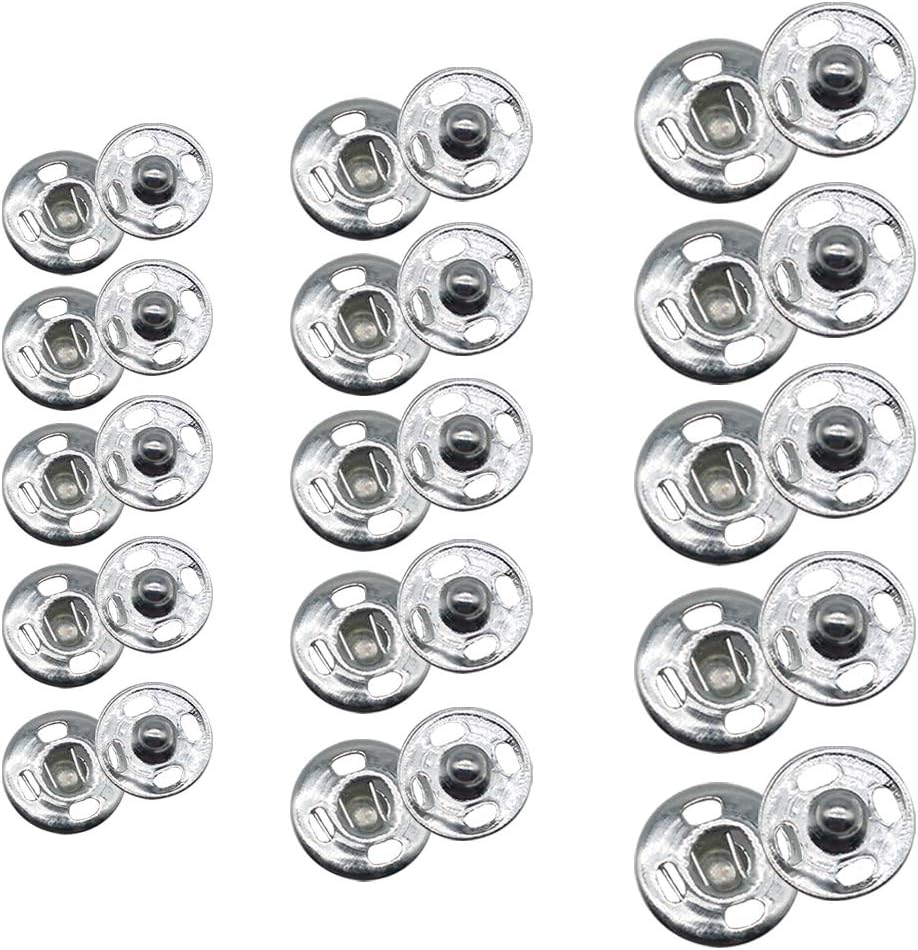 JOSDIOX E-Uli 120 Sets 3 Sizes Sew Snap Buttons Metal Snap Fastener Buttons Press Button for Sewing Clothing Silvery (8mm 10mm 13mm)