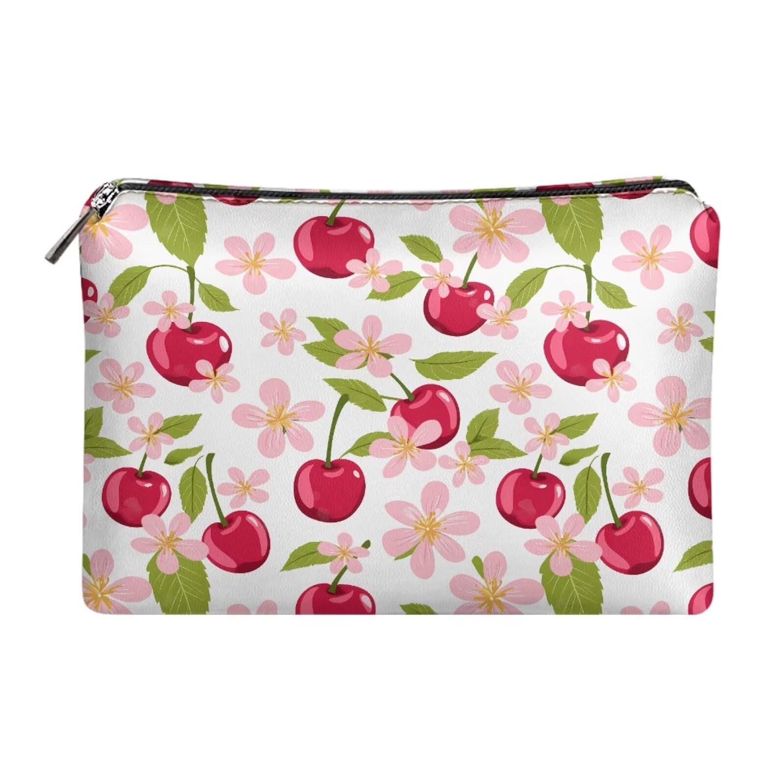 Wdktrgetd Cherry Cosmetic Bag for Women Compact Waterproof Leather Travel Makeup Bag Small Cute Cosmetic Bag Vertical Makeup Bag Makeup Bag Organizer