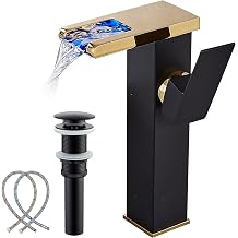 Waterfall Sink Mixer Tap Golden Matt Black with Pop-Up Drain without Overflow and Supply Line, Bathroom Tap, Single Lever Tap