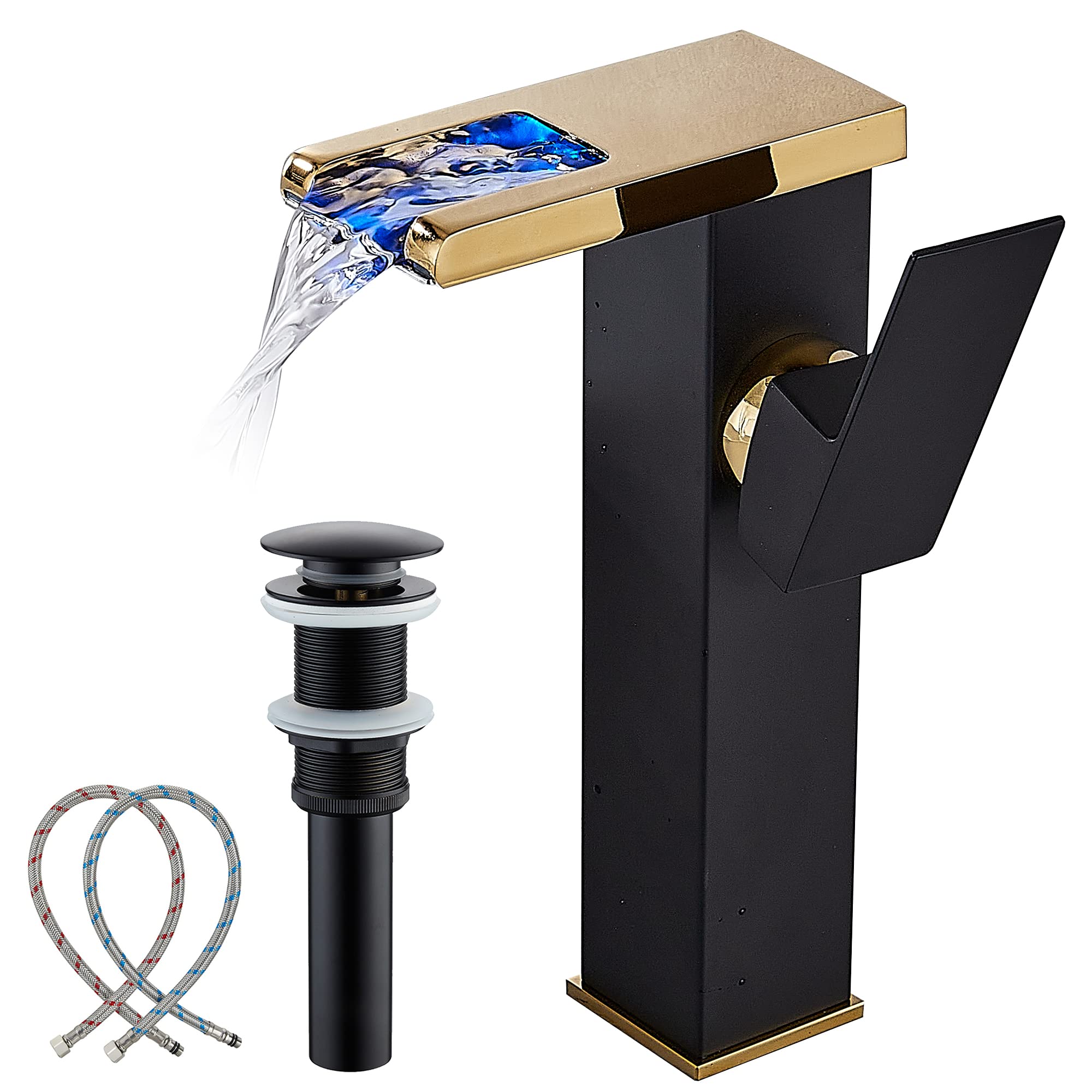 Rubinetto per lavabo a Cascata Oro Nero lavabo monoforo con Scarico a Scomparsa Senza troppopieno e Tubi di Alimentazione rubinetti per Bagno lavabo monocomando Rubinetto Vasca-