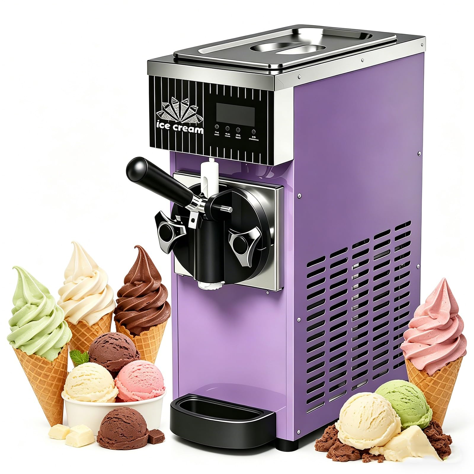 Machine À Glace Italienne Portable 450 W – Sorbetière Comptoir Acier Inoxydable Avec Trémie 2,5 L, Fonction Autonettoyante Congélation Rapide (80 À 100 Cornets/H) Idéale Bars Cafés(Purple)
