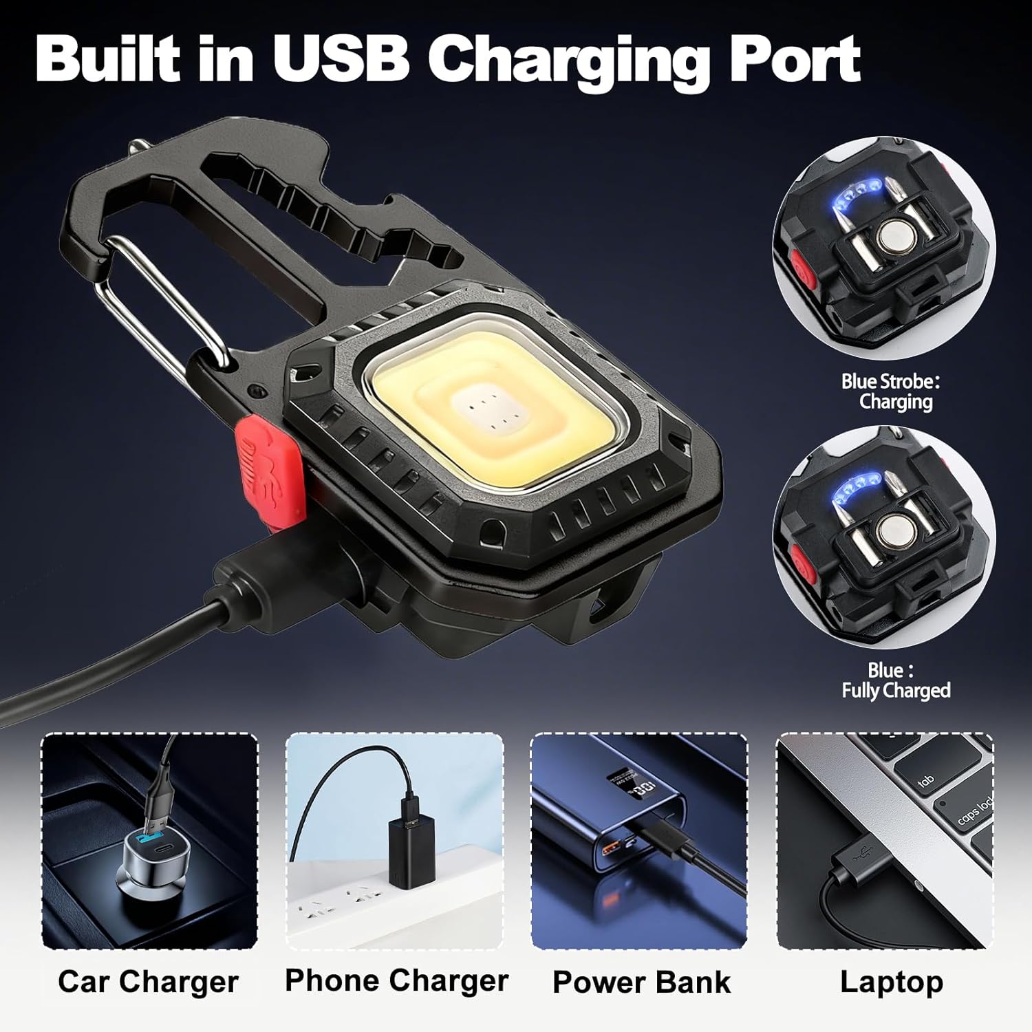 MAKDAK Cob Keychain Work Light - 4PC EDC Keychain Flashlight Rechargeable, Super Bright Flashlight for Car Repair, Emergency(Black)