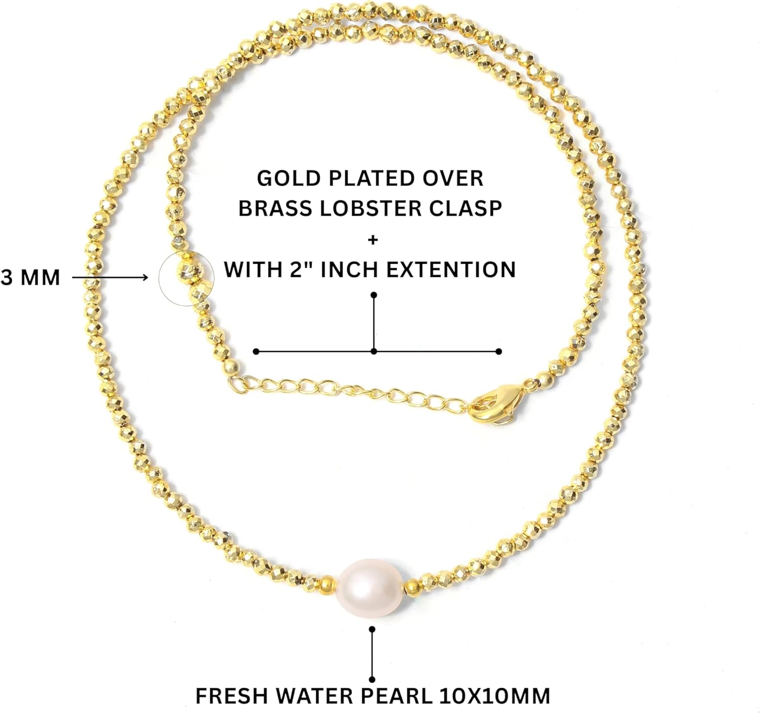 A&M Gems Natural Gemstone 3-3.5 mm Round Faceted Beaded Necklace for Women 7-10 mm Freshwater Pearl Choker Style Gold Plated Hypoallergenic Non-Tarnish Handmade Jewelry 18 Inches