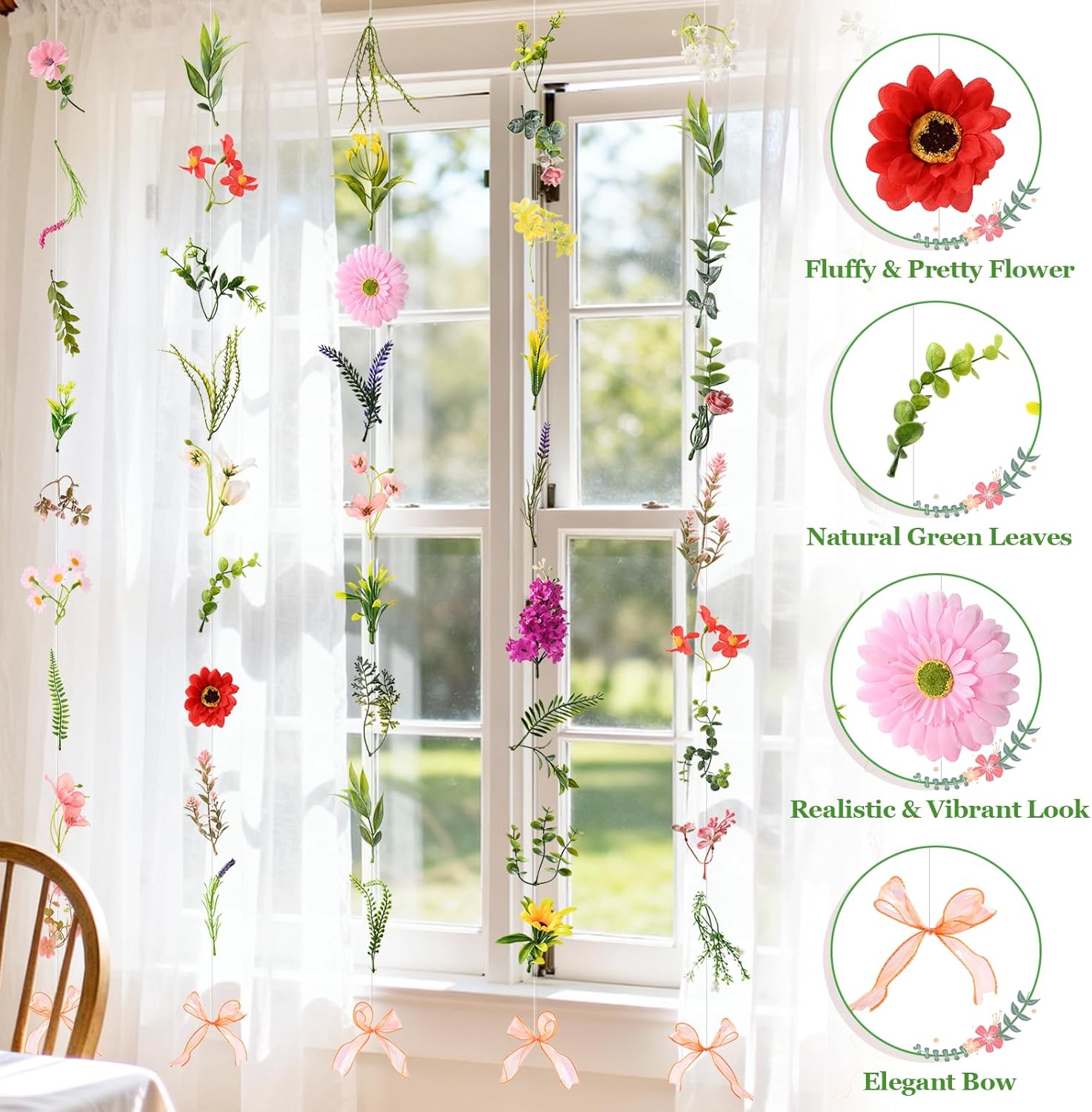 Livole 6Pcs 6Ft Hanging Flower Garland with Bow Wildflower Garlands Backdrop Silk Rose Fake Floral Vines with Hooks for Spring Party Wedding Birthday Anniversary Arch Wall Garden Decor