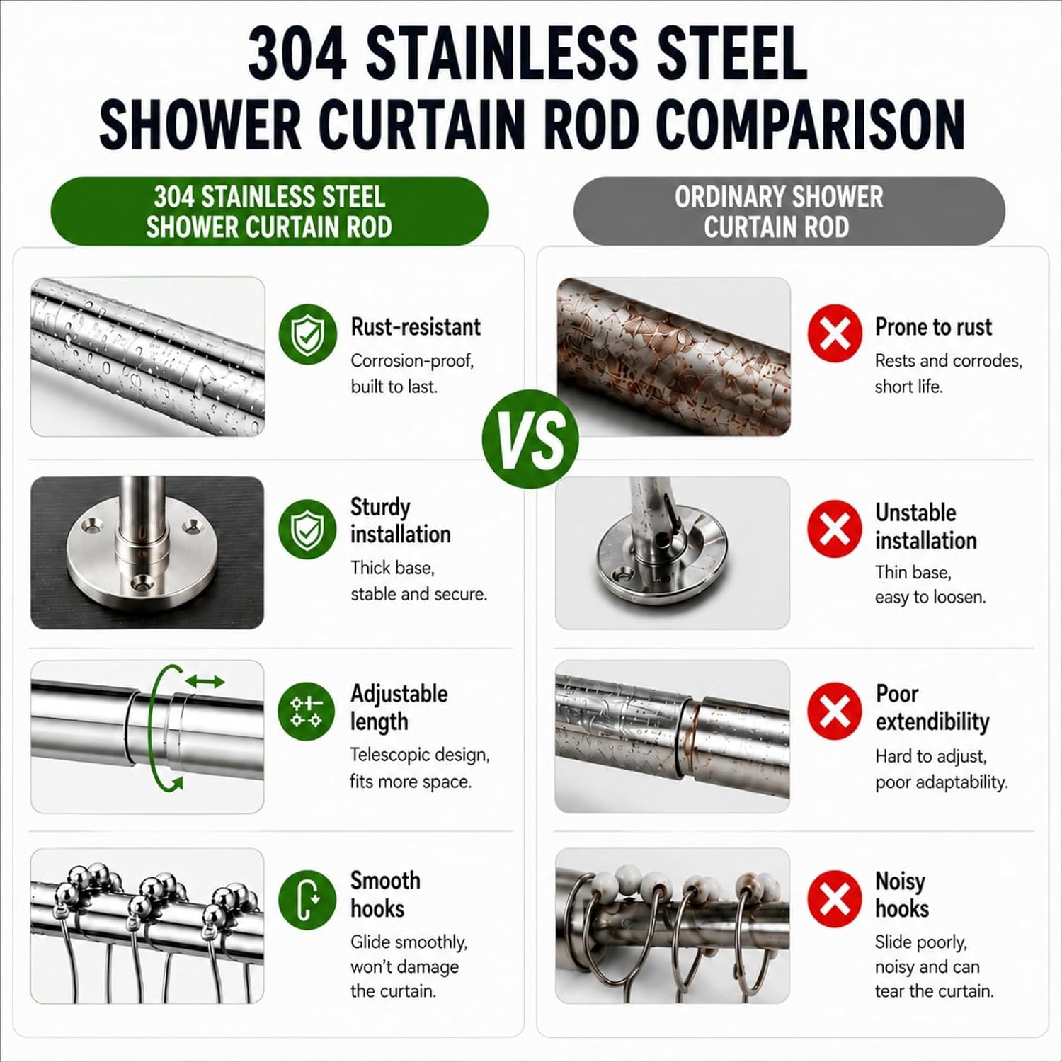 L Shaped Shower Curtain Rod, Telescoping Adjustable Corner Shower Rod 23.6"-52.4" x 23.6"-52.4", Heavy Duty 304 Stainless Steel Rustproof Bathroom Rod, Drill-Free or Screw Install, 12 Hooks, Silver