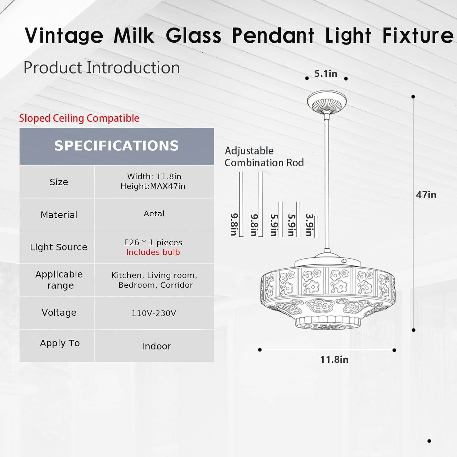 Vintage Milk Glass Pendant Light Fixture, 11.8" White Flowers Glass Chandelier, Antique Pendant Lights for Kitchen Island Lighting, Hallway, Bedroom, Dining Room, E26 Bulb Included (White, 11.8)