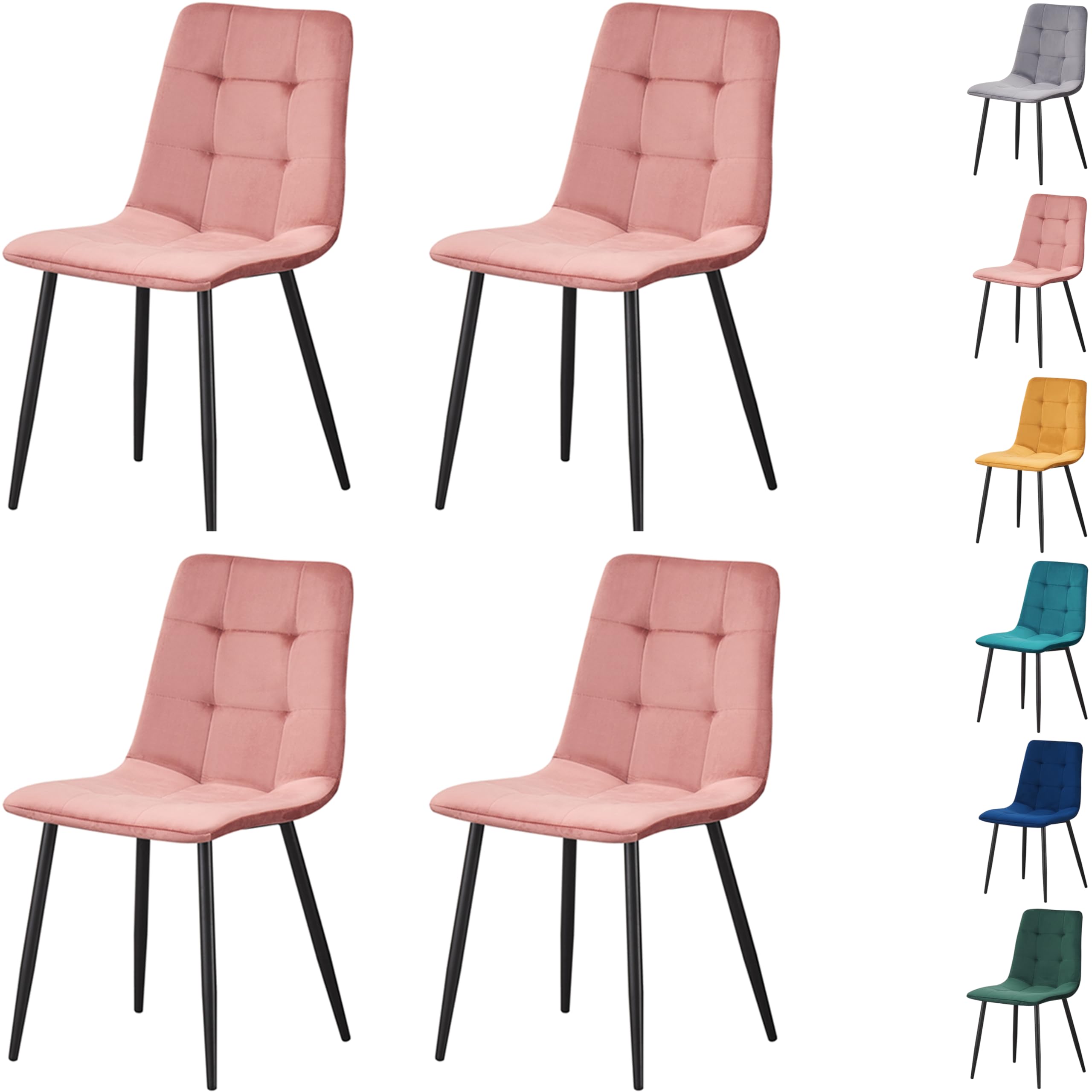 MOF Home Modern Velvet Dining Chairs, Set of 4, Velvet Tufted Upholstered Kitchen Chairs with Metal Legs, Multi-Color (CHECK PATTERN, PINK)