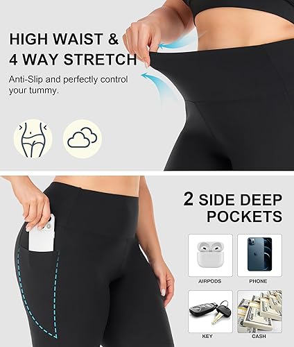 Miniatura 5 de NEW YOUNG Paquete de 3 pantalones cortos de ciclismo de talla grande con bolsillos para mujer, pantalones de yoga de cintura alta de 8 pulgadas,